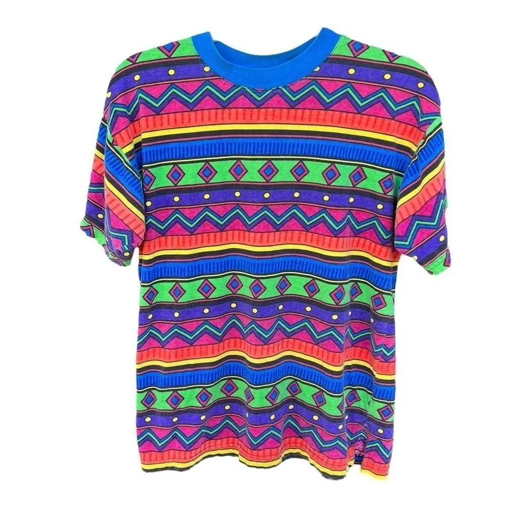 Vintage Cristina Geometric All Over Print AOP T-Shirt Bright Colorful Small GUC